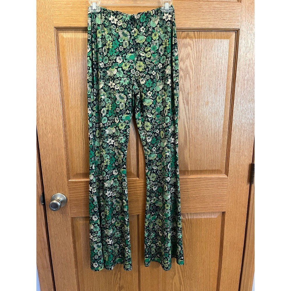 Zara Green Printed Pants Women M High Waist Boho Wide Leg Statement Trouser